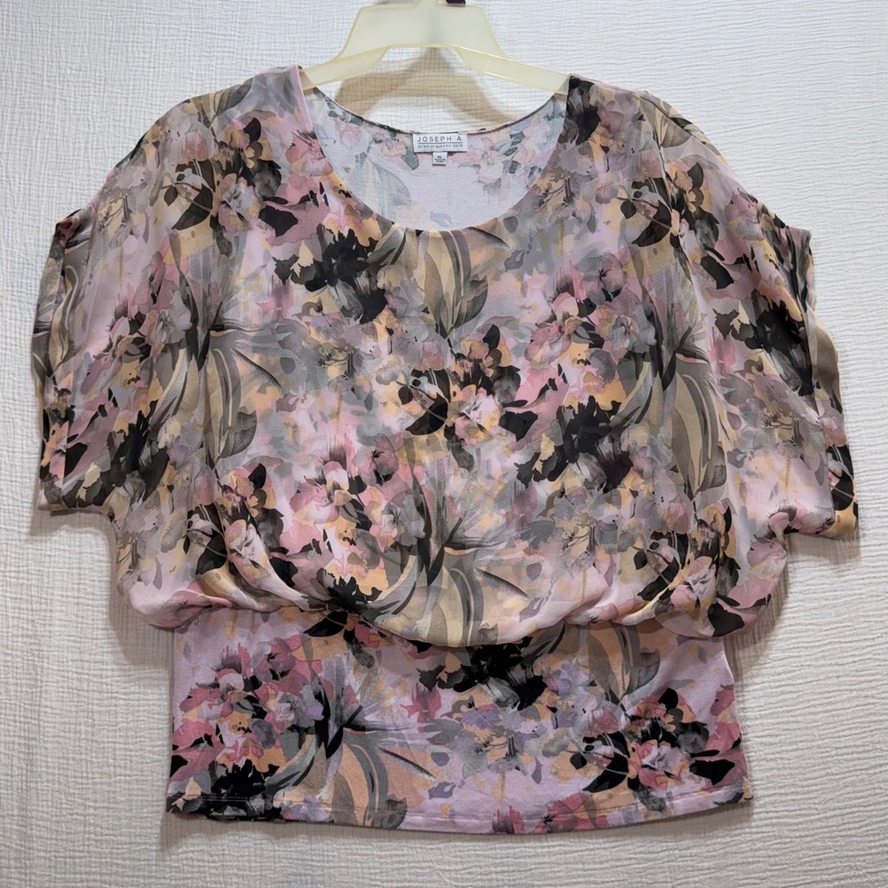 Joseph A Top Women's XL Floral Multicolor Round Neck Chiffon Banded Hem Coquette